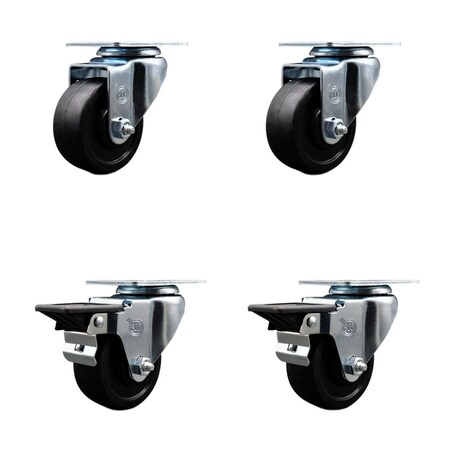 Service Caster 3'' Soft Rubber Wheel Swivel Top Plate Caster Set with 2 Posi Brakes, 4PK SCC-20S314-SRS-2-PLB-2